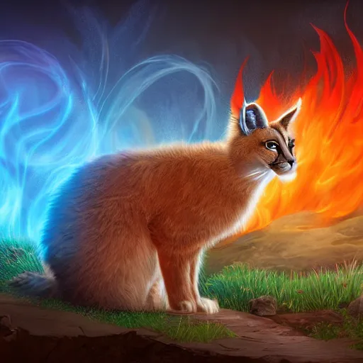 Prompt: cute fluffy caracals, fire, magic, fantasy epic legends stylized digital illustration radiating a glowing aura global illumination ray tracing hdr fanart arstation by ian pesty, 8 k