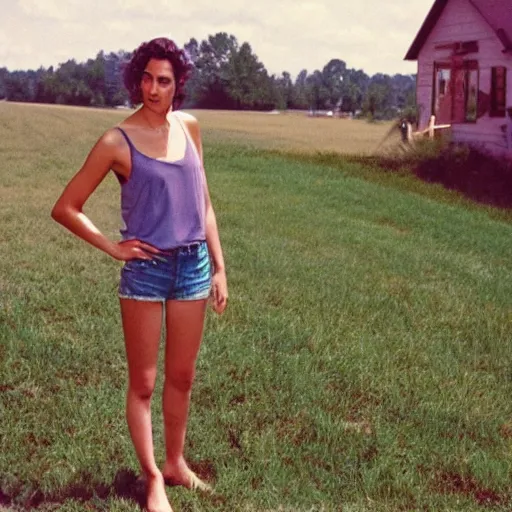 Prompt: a disposable camera picture of gal gadot in a small rural american suburb, kodak fling 2 0 0, 1 9 8 3