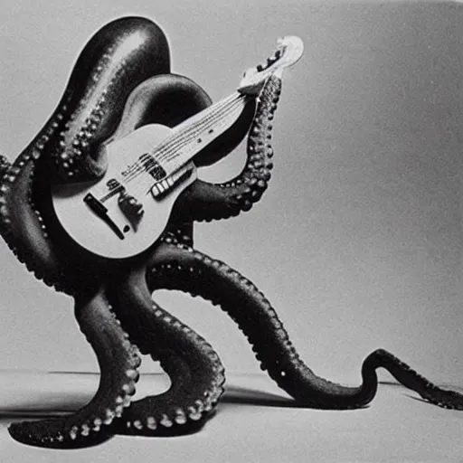 Image similar to vintage photograph of an octopus playing blues guitar with its tentacles