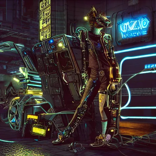 Prompt: cybernetically enhanced hyena, neon lights on body, exposed metal and wires, cyberpunk beksinki style, highly detailed video game concept art for cyberpunk 2 0 7 7