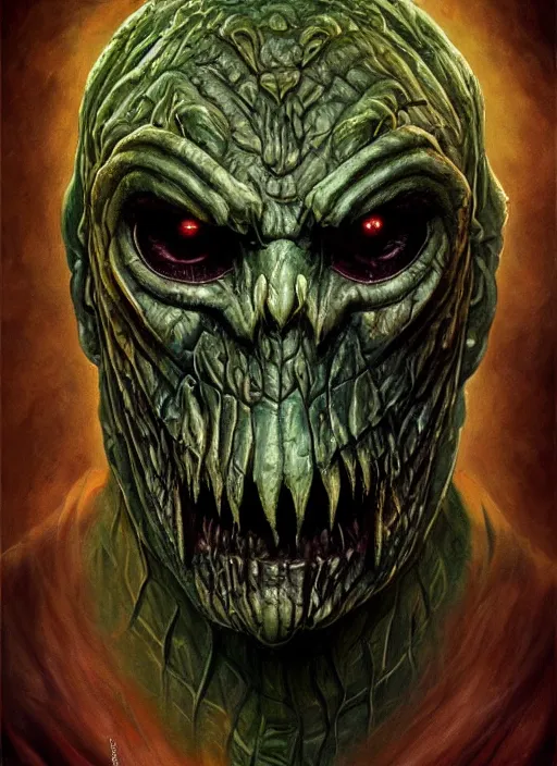 Image similar to dark ghoul mf doom reptile eyes, haunted skin. horror movie poster, intricate, elegant, highly detailed, centered, digital painting, artstation, concept art, smooth, sharp focus, illustration, artgerm, tomasz alen kopera, peter mohrbacher, donato giancola, joseph christian leyendecker, wlop, frank frazetta