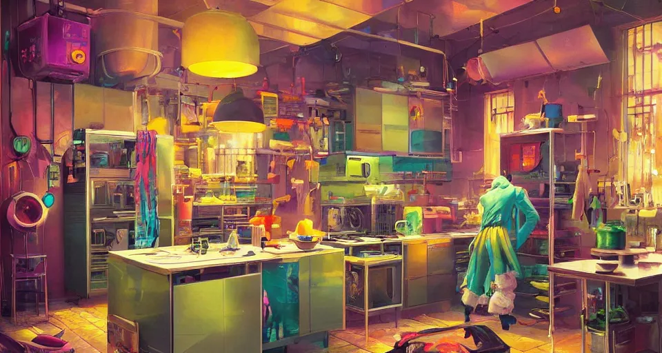 Image similar to IKEA catalogue photo of a cyberpunk kitchen, by Paul Lehr