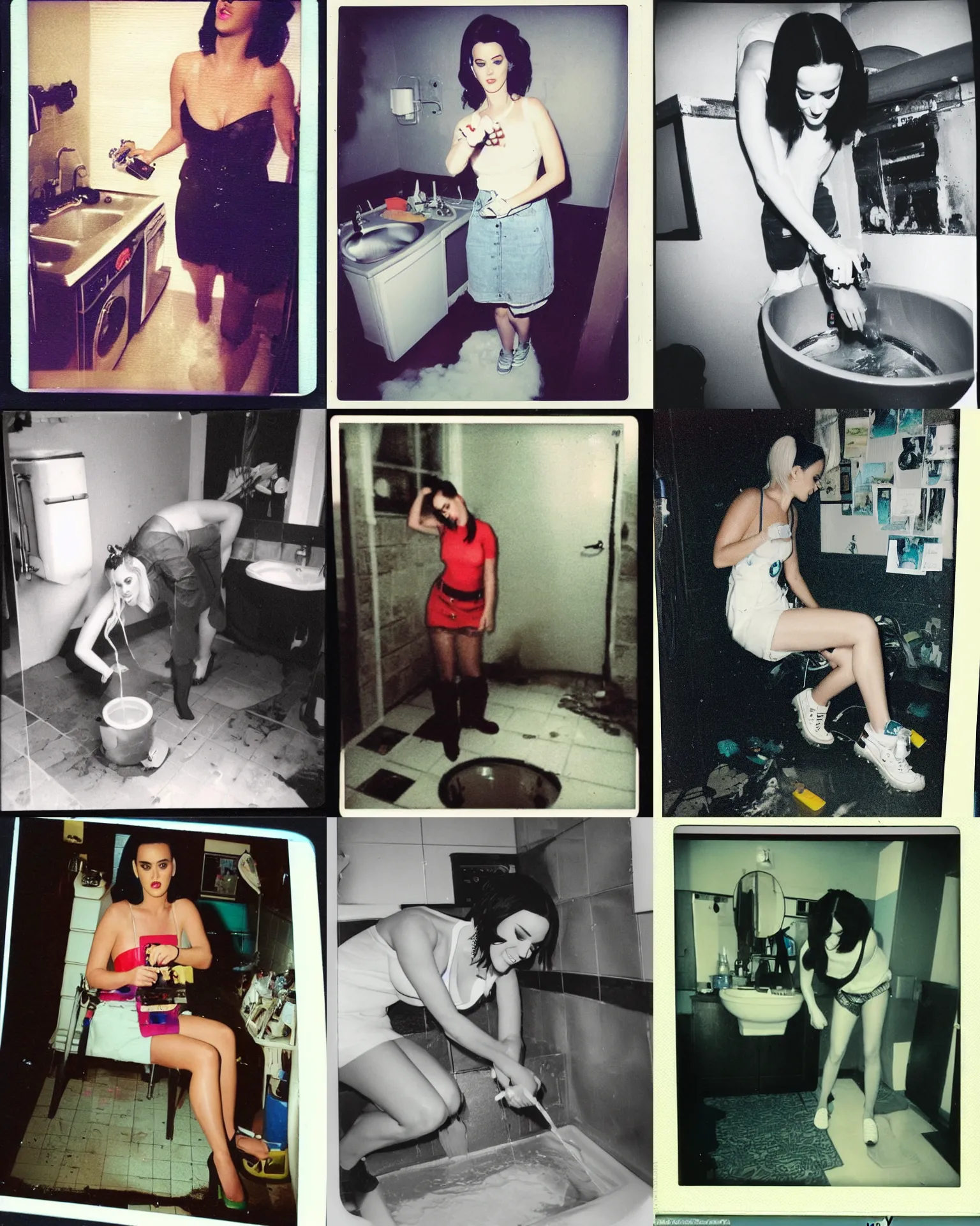 Prompt: katy perry fixing a leaking sink, puddle of water on the floor, polaroid photo, bad lighting