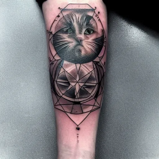 Prompt: geometric outer space tattoo, arm, cat