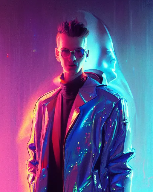 Image similar to detailed portrait of European Pretty Pale Guy Sheen Holographic Jacket coat, Futuristic sci-fi fashion, royal attire Akira, Evangelion, cyberpunk, neotokyo, synthwave, aesthetics, futuristic, low-emission-neon, bladerunner movie scene by ismail inceoglu dragan bibin hans thoma greg rutkowski Alexandros Pyromallis Nekro Rene Margitte illustrated Perfect face, fine details, realistic shaded, fine-face, pretty face sharp chine