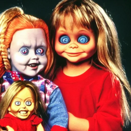 Prompt: the olsen twins from full house holding chucky the evil killer doll from the movie child's play on an episode of full house