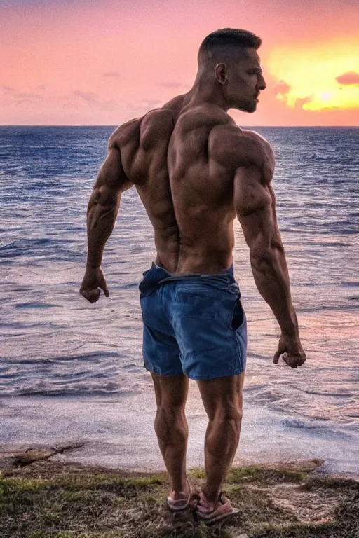 Image similar to a very muscular and defined man wearing ripped pants and shirt looking to the sea at sunset, godrays, complementary colors, natural lighting, portait image, path tracing, serene landscape, high quality, highly detailed, 8K, soft colors, warm colors, turbulent sea, high coherence, anatomically correct, hyperrealistic, concept art, defined face, five fingers, symmetrical
