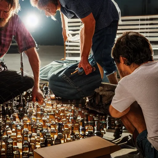 Image similar to a dlsr photo of two hobos creating a time machine from beer bottles and cardboard boxes. symmetry. awesome exposition. very detailed, 5 0 mm lens, professional lighting diffracted lightrays 4 k.