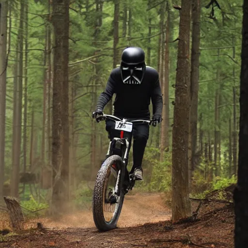 Image similar to darth vader ist riding a mountainbike fast through a burning forrest