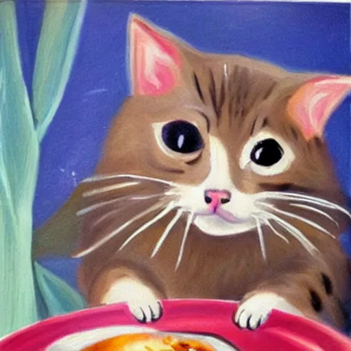 Prompt: a cute painting of a surprised cat caught in the act of stealing a fish off of a dinner plate