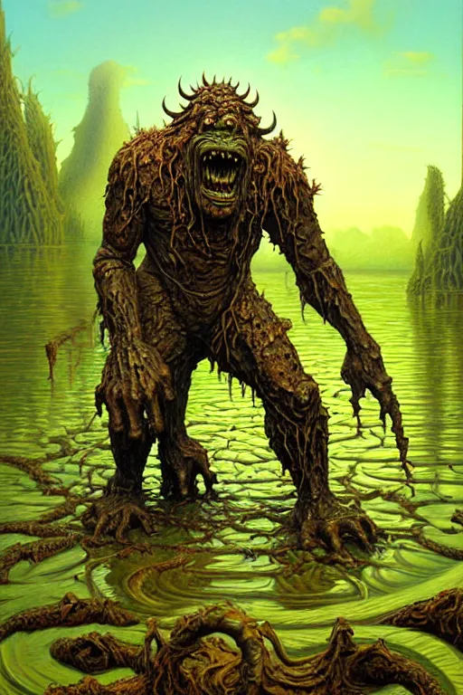 Prompt: classic oil painting, a muddy monster, as a dnd character, emerging from the dirty swamp lake, cottagecore, highly detailed, digital illustration, concept art, smooth, sharp focus, art by tim hildebrandt, and greg hildebrandt