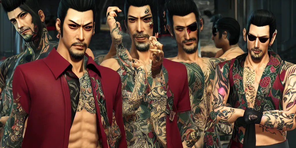 Image similar to Yakuza Kiryu Kazuma and Majima Goro, beautiful, gracious, true color, bioluminescent skin, ultra detailed, ultra realistic