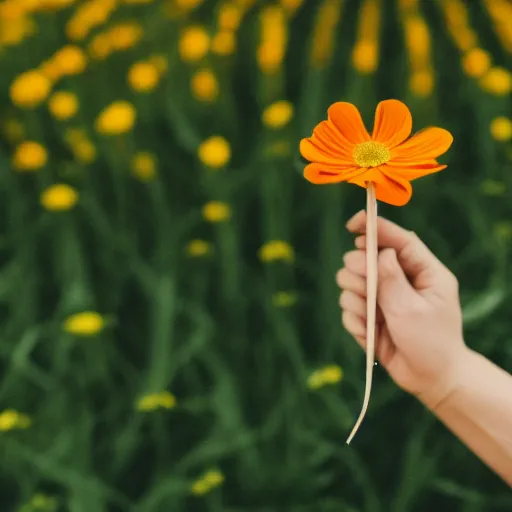 Image similar to A hand with too many fingers holding a plastic flower with a long stem, award-winning photo, DSLR color