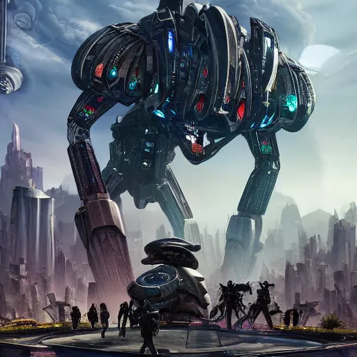 Image similar to gigantic alien war machine walking through the center of a technologically advanced city surrounded by alien citizens, high detail, 70’s sci-fi, deep aesthetic, concept art, 4K, highly ornate intricate details,