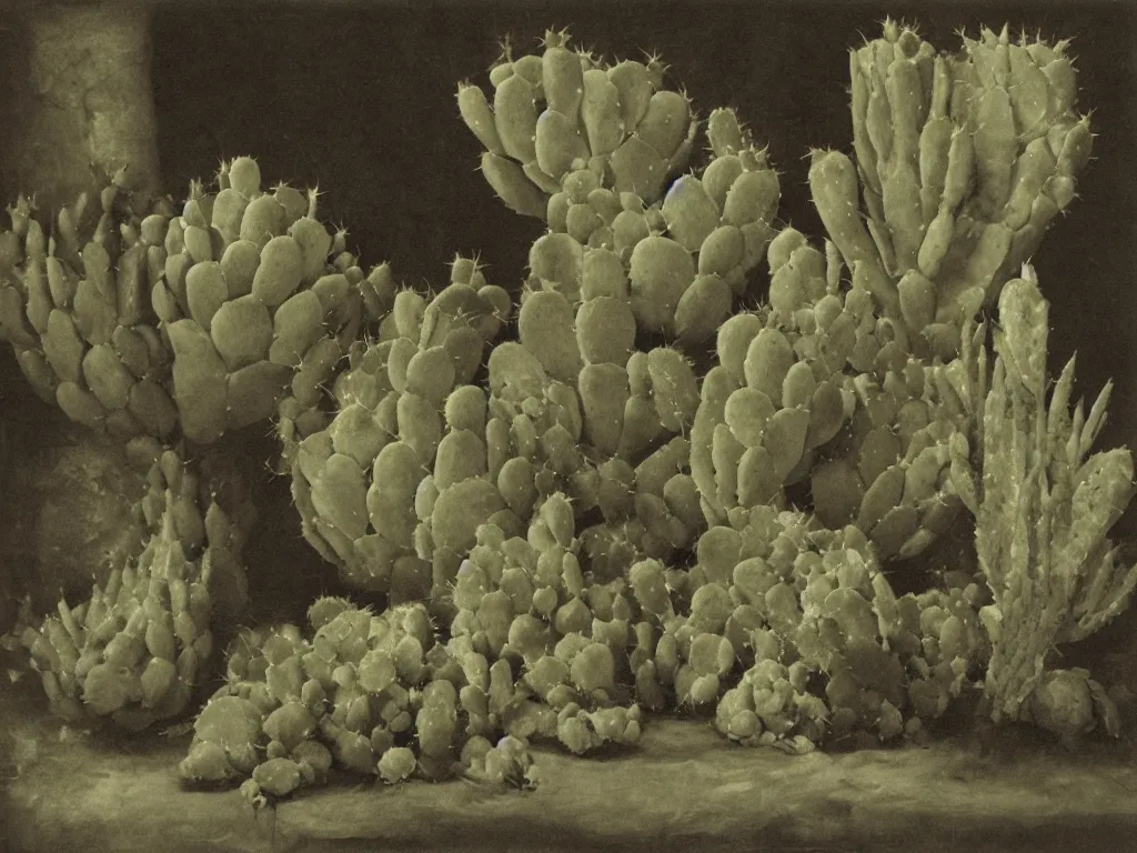 Image similar to gothic luminescent bed with cactus. painting by karl blossfeldt, morandi