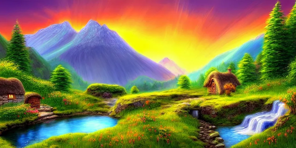 Image similar to a beautiful fantasy landscape, mountain in background, a waterfall in the mountains, little cottage, small pond, some trees in the corner, sunrise, hyper realism, artgem, art by philipp urlich, flat colors