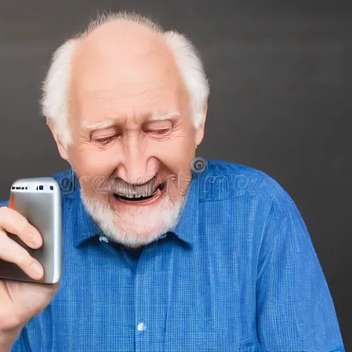 Image similar to hide the pain harold internet meme looking down and holding a phone in his hands, smiling, stock photo, professional lighting, detailed, artstation