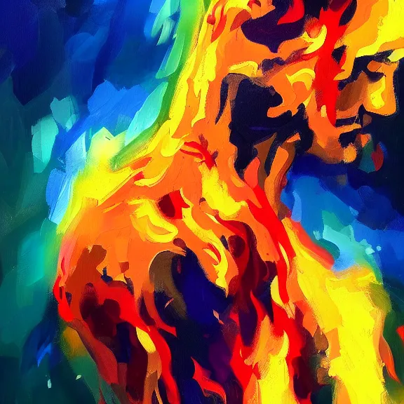 Image similar to abstract painting of man on fire. Handsome. Long hair. portrait. ArtStation. Impressionist