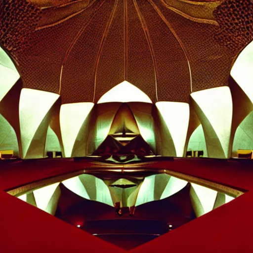 Image similar to interior of a futuristic lotus temple with gold, red and white marble panels, in the desert, by buckminster fuller and syd mead, intricate contemporary architecture, photo journalism, photography, cinematic, national geographic photoshoot