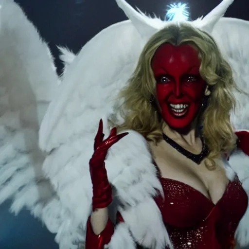 Image similar to kylie minogue as the devil in hell, wearing stilettos and with large white angel wings