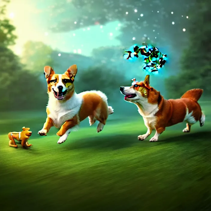 Image similar to epic professional digital art of a corgi chasing a frog, best on artstation, cgsociety, wlop, Behance, pixiv, cosmic, epic, stunning, gorgeous, much detail, much wow, masterpiece by Dorian Cleavanger and Stanley Lau