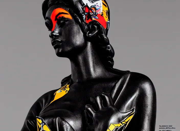 Prompt: black marble statue of a beautiful woman with colorful motocross logos in the style of virgil abloh, very very beautiful, detailed, off white, heron preston, 8 k, 4 k, detailed, beautiful, symmetrical, vogue, editorial, fashion, magazine, model