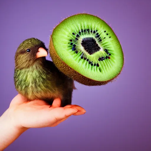 Image similar to realistic photograph of a kiwi bird holding a kiwi fruit, studio lighting, high quality, award winning