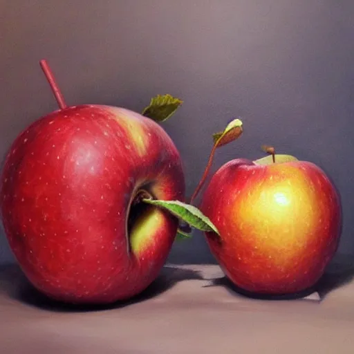 Image similar to a hyper-realistic studio oil-painting of an-apple; hyper-detailed; an extraordinary masterpiece!!!; flawless; trending on artstation