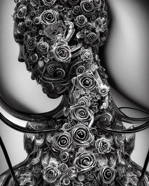 Image similar to mythical dreamy black and white organic bio - mechanical spinal ribbed profile face portrait detail of translucent steampunk beautiful female angelic - human - queen - vegetal - cyborg, highly detailed, intricate crystal ivy jelly ornate, poetic, translucent roses ornate, 3 d render, digital art, octane render, 8 k artistic photography, photo - realistic, by dora maar