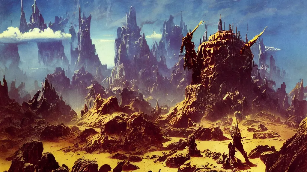 Image similar to the pickle warrior who rules the metaverse by frank frazetta and bruce pennington, cinematic matte painting