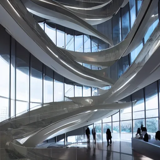 Image similar to extremely elegant detailed stunning beautiful futuristic museum vertical lobby interior by Zaha Hadid