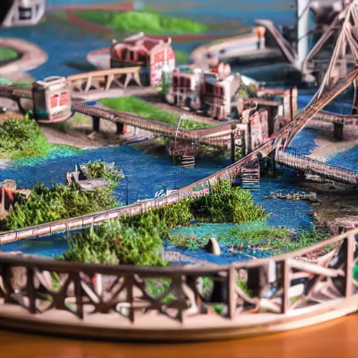 Image similar to a large scale minicity diorama on a table, 3 5 mm, shallow depth of field, diorama, 4 k