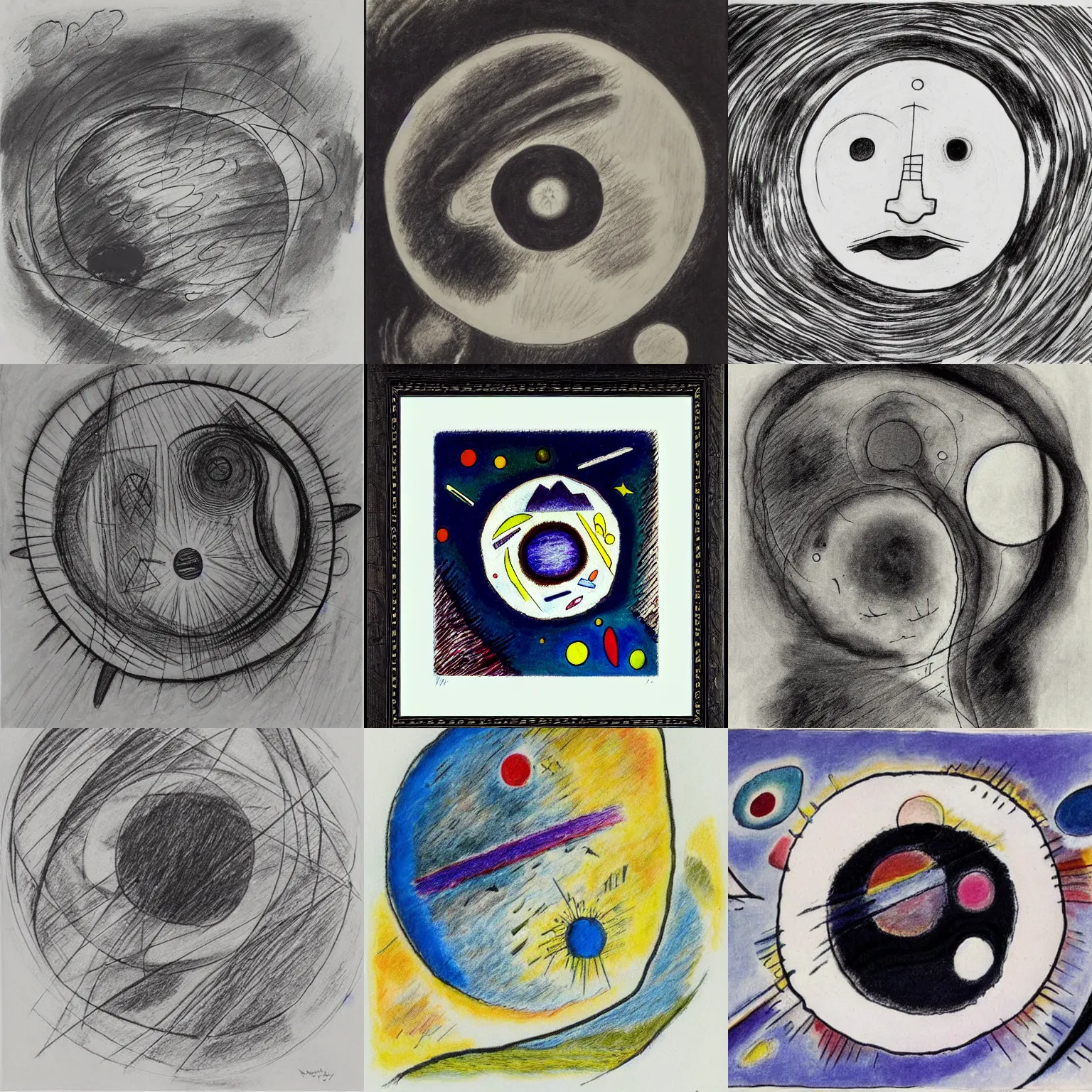 Prompt: A face , a star , a planet , the sea , love , Ink drawing , Abstract art , Pencil Sketch , by Wassily Kandinsky ,