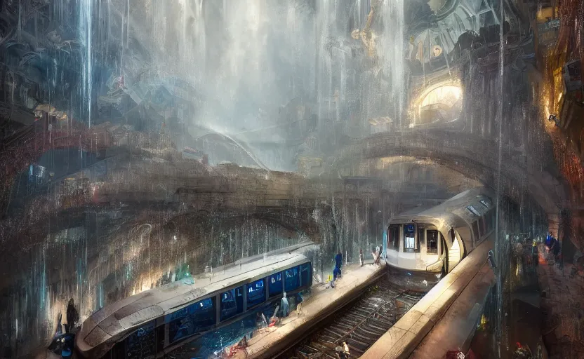 Prompt: An urban train rides inside of a waterway on a fantasy city, next to a fountain and a mystical palace, waterfall, intricate, elegant, volumetric lighting, digital painting, highly detailed, artstation, sharp focus, illustration, concept art, ruan jia, steve mccurry