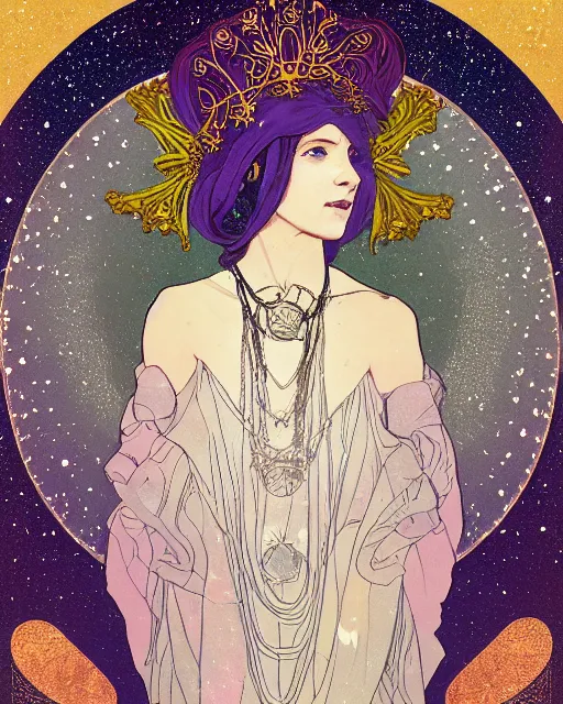 Prompt: a portrait of a universe as an androgynous druid spirit wearing a crown of galaxies, seven necklaces of moons and stars, draped in transparent cloth, flat colors, occult, minimal, swirly, bust by alphonse mucha, decorative art deco border, astrophotography, vast cosmos, digital illustration overlayed on photography, trending on artstation