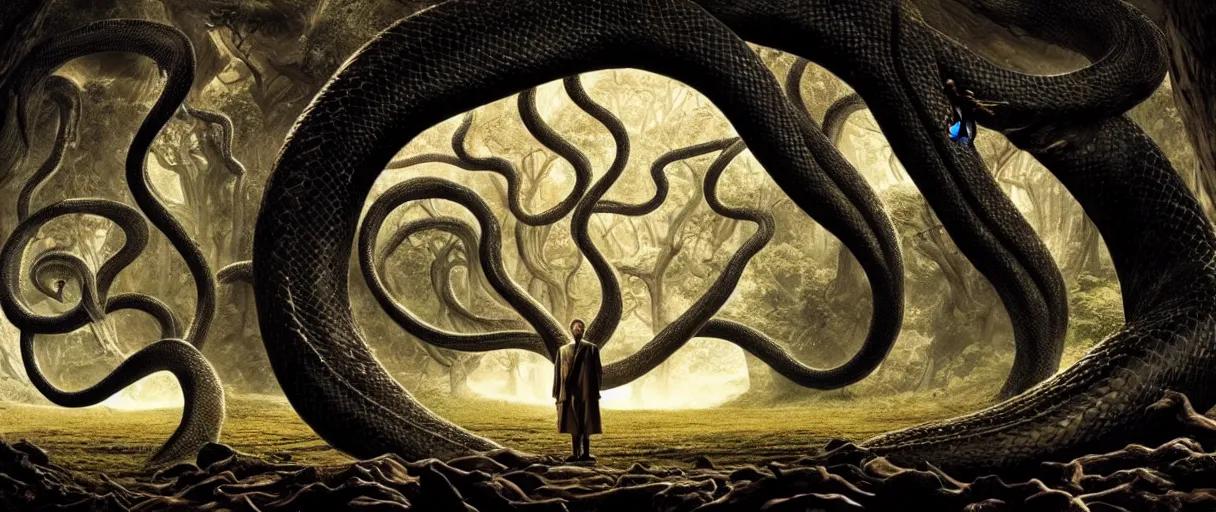 Prompt: a giant snake around the tree of life, high detail, 8k, ornate, dark fantasy, maximalist, realistic, masterpiece, complex, WLOP, film still from the movie directed by Denis Villeneuve with art direction by Salvador Dalí