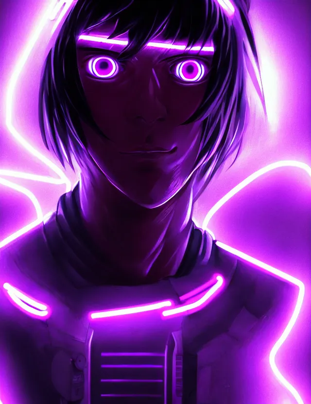 Image similar to a detailed manga portrait of a black haired cyborg man with glowing neon purple lights, trending on artstation, digital art, 4 k resolution, detailed, high quality, sharp focus, hq artwork, coherent, insane detail, character portrait