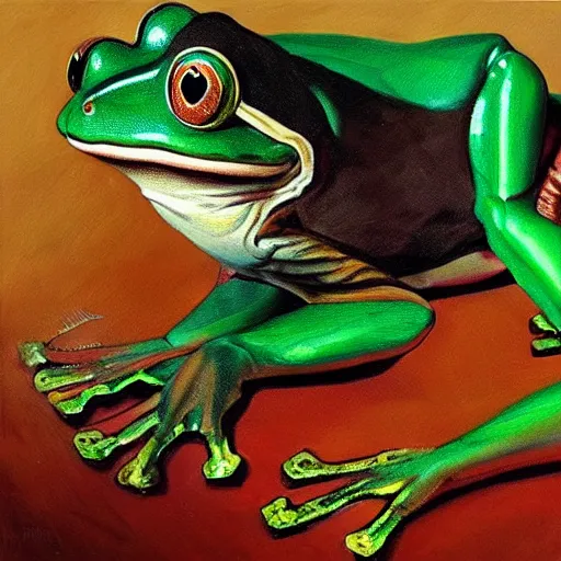 Prompt: an oil painting in the style of albert beirstadt, a bodybuilding frog