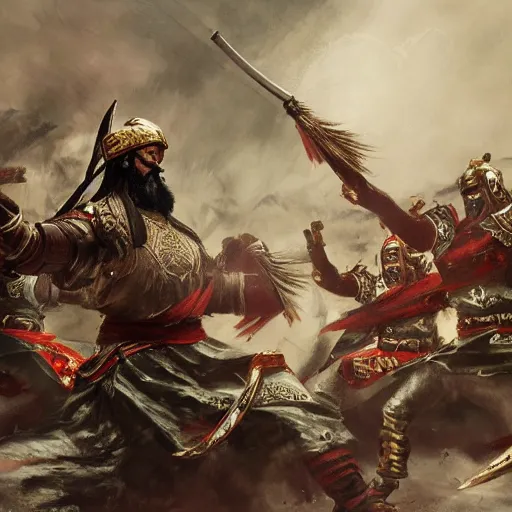 Image similar to guan yu fighting enemy soldiers, chinese military general, high detail, dramatic light, digital art, painted by seb mckinnon, painted by greg rutkowski, trending on artstation