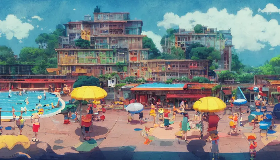 Image similar to Busytown swimming pool, optimistic colors, fun, moody, city background, by studio ghibli and greg rutkowski