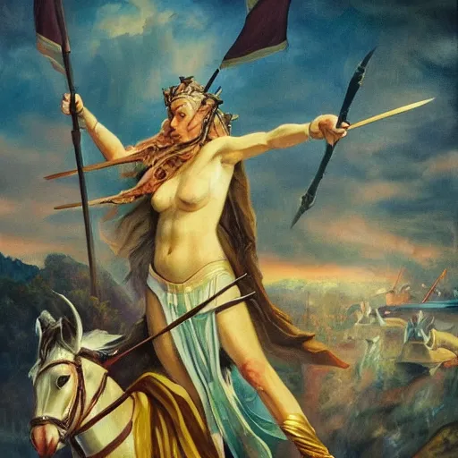 Prompt: the goddesses fraya going to war with her army, oil painting, golden hour, high detail.