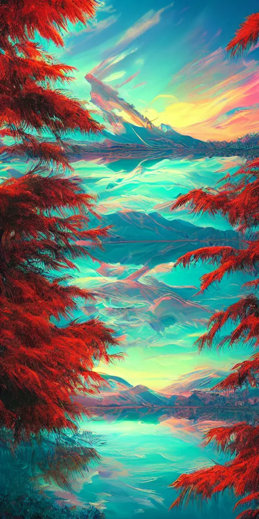 Prompt: beautiful award winning synthwave painting of a canadi an lake, extreme detail, digital art, 4 k, ultra hd