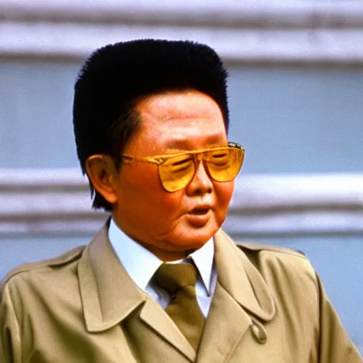 Prompt: filmstill of Kim Jong-il wearing a head bandana and aiming a bow in the role of Rambo, cinemascope, Eastman Color Negative 50T 5251 Neg. Film
