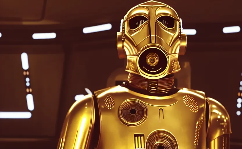 Image similar to c - 3 po as a hamster, movie still, star wars, cinematic, sharp focus, cinematic grain, cinematic lighting, 8 k