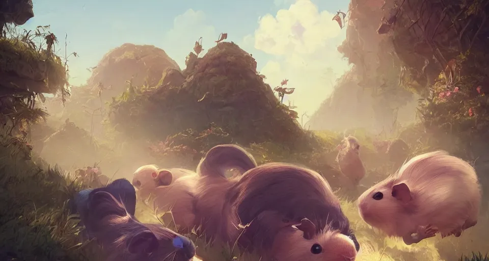 Prompt: hyper realistic cute guineapigs everywhere, by simon stalenhag, frank frazetta, greg rutkowski, beeple, christian macnevin, wlop and krenz cushart, epic fantasy character art, volumetric outdoor lighting, midday, high fantasy, cgsociety, cheerful colours, full length, exquisite detail, post - processing, masterpiece, cinematic