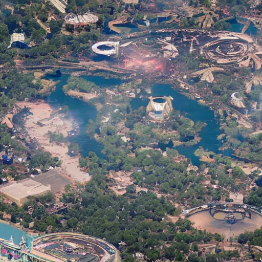 Image similar to aerial image of disney land ln fire alien invasion