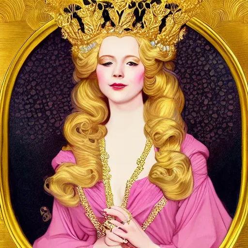 Prompt: the painted portrait of beautiful princess with long blond hair and a golden crown circled by diamonds in a wonderful pink dress over a cloudy black background by Leyendecker, Moocha, and Rebecca Guay, trending on artstation