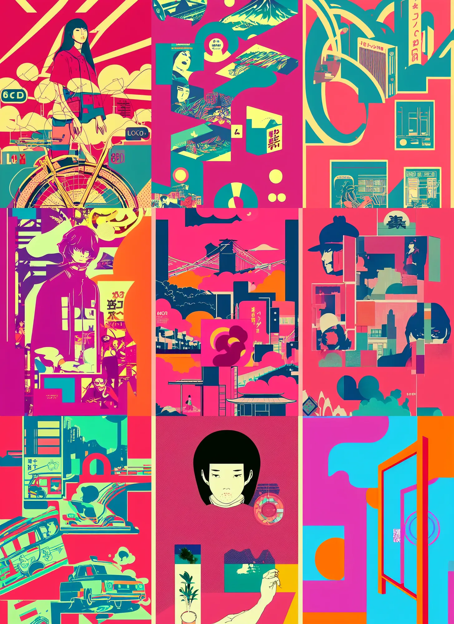 Image similar to beautiful illustration of layout of japanese pop art, city pop, frame, acid, modular synth, music, chillhop, obi strip, poster, 8 0 s, album art, trendy typography, lo - fi, logo, landscape, pinterest, dribble, influenced by retro and vintage, artstation, 8 k, user interface, underground