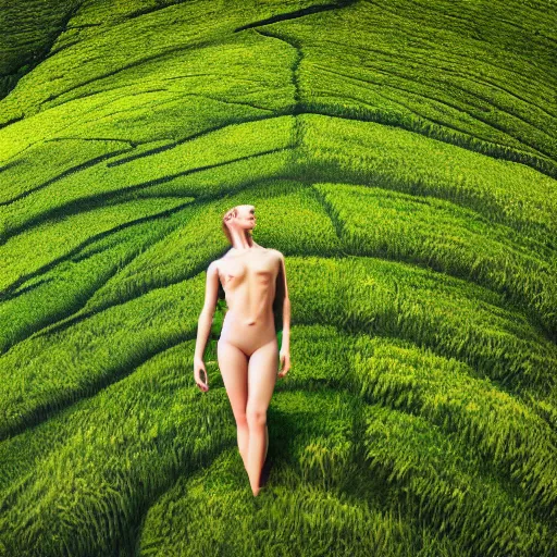 Image similar to human form showing visible refraction against a lush landscape high definition photography