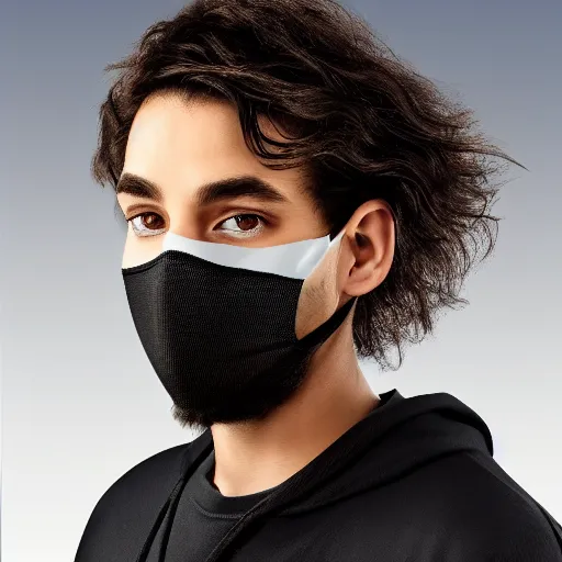 Image similar to professional digital art of a young adult man with slightly long hair wearing a black face mask and a form-fitting dark sweatshirt, high quality, HD, 8K, highly detailed, award-winning, fancy apartment